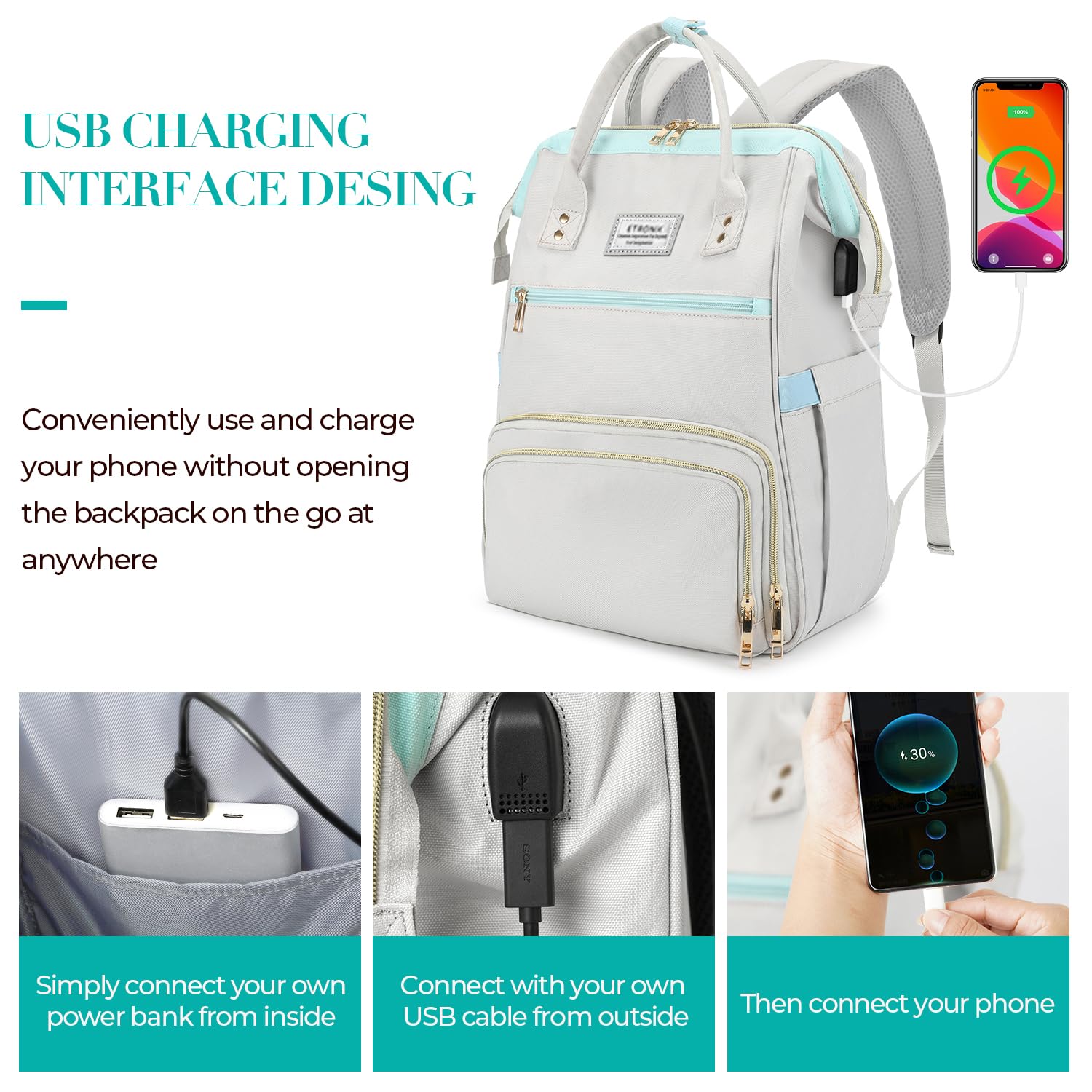 ETRONIK Mochila de almuerzo para mujer, mochila para laptop con puerto USB