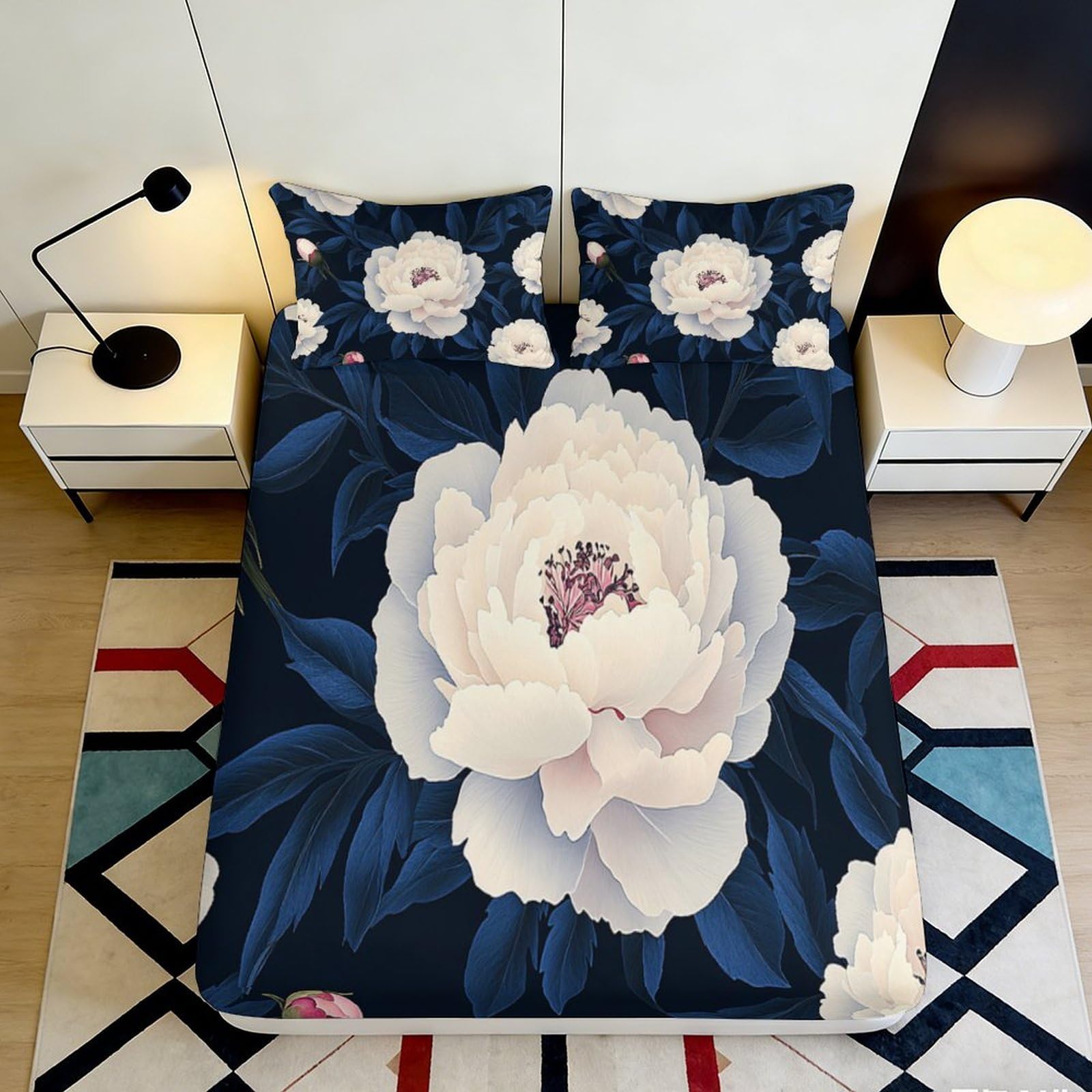 Jqzkxnhpbr Style-6 3D Printed Peony Blossom Fitted Sheet Microfiber Anti-Slip Bedroom Decor Blue Flower Bed Cover Machine Washable 90X200x25cm