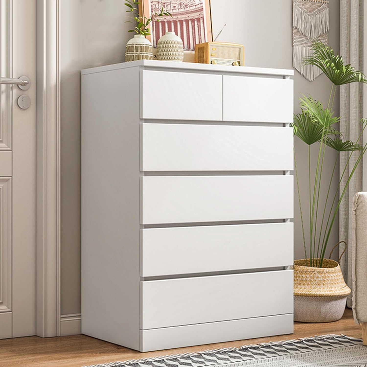 Calager Dresser for Bedroom,White Dressers with 6 Wood Drawers,Storage Dressers Organizer Unit with Fabric Bins,Wood Dresser Chest of Drawers,Storage Tower for Closet,Living Room,Hallway (White)