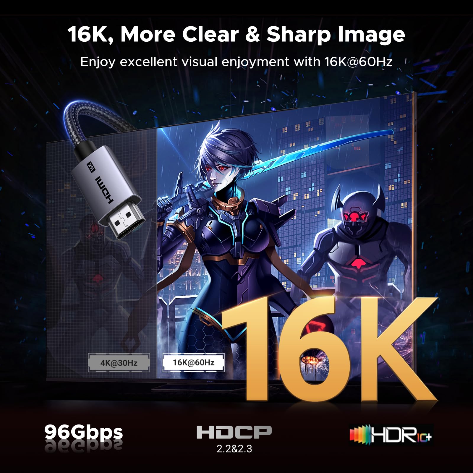 Kabel HDMI UGREEN 2.2 16K@60Hz 8K@240Hz 4K@480Hz 96 Gbps Ultra High Speed eARC HDR10+ VRR ALLM Dolby Vision HDCP 2.3 kompatybilny z komputerem stacjonarnym, laptopem, monitorem, PS5, PS4(2 m)
