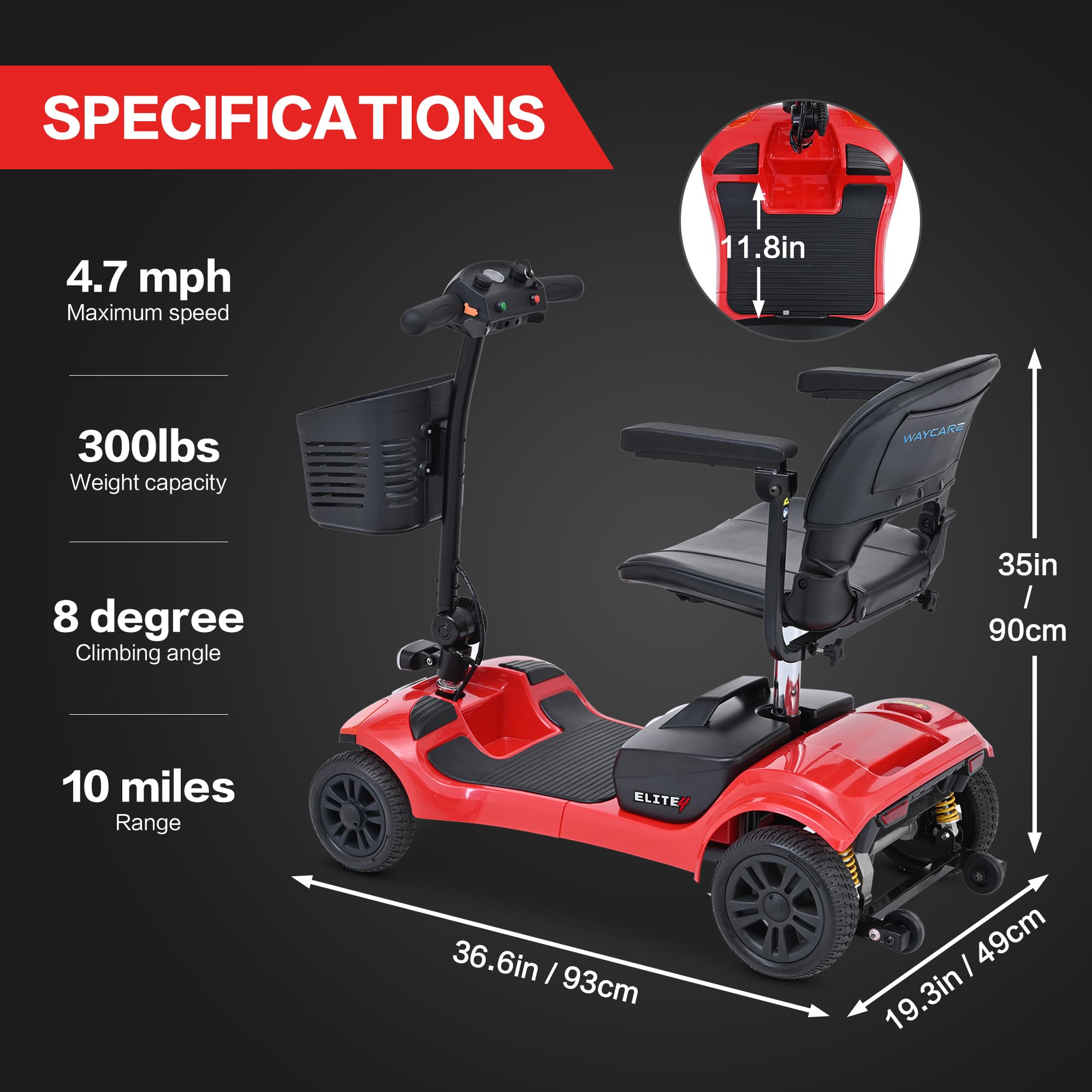 Electric Folding Mobility Scooter for Adults and Seniors, 4 Wheel Powered Wheelchair Device - Compact Heavy Duty Mobile for Travel, Long Range Power Extended Battery with Charger, Basket Red