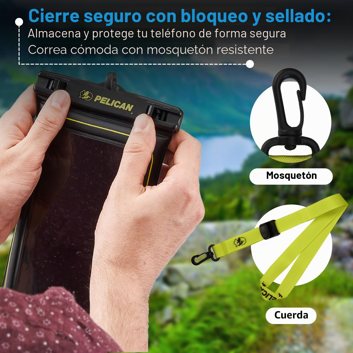 Pelican Marine - Funda impermeable IP68 para teléfono (tamaño XL), funda flotante impermeable para iPhone 15 Pro Max/14 Pro Max/13/12/S24 Ultra/S23/S22/Pixel 8 - Cordón desmontable - Negro/Amarillo de