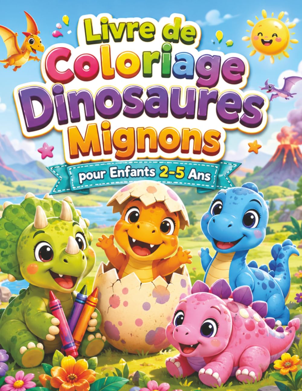 Livre de Coloriage Dinosaures Mignons pour Enfants 2-5 Ans: Premières activités calmes avec adorables créatures préhistoriques, dessins faciles, contours larges et scènes amusantes