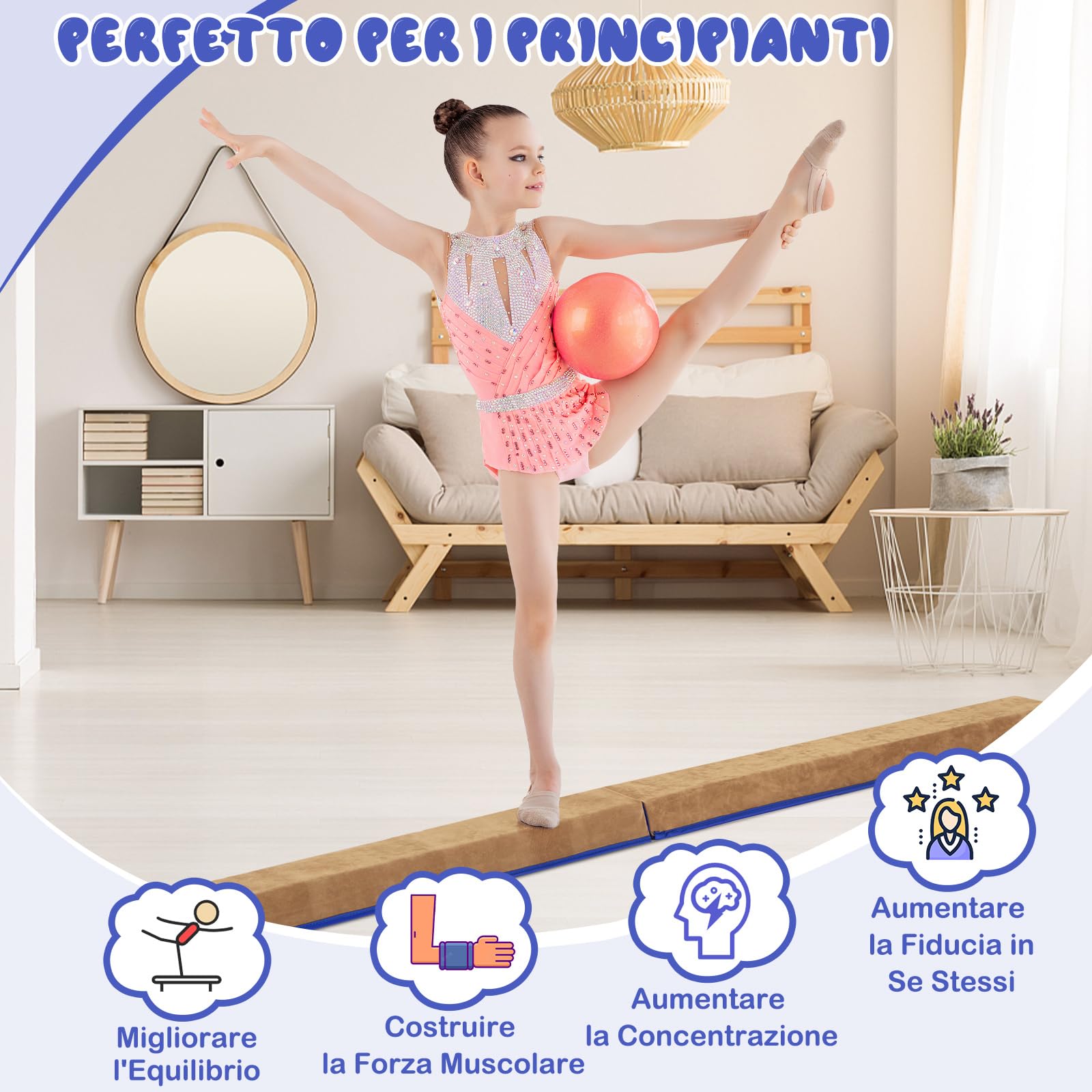 COSTWAY Trave da Ginnastica per Bambini Pieghevole 240 cm, Trave di Equilibrio Portatile conSuperficie in Pelle Scamosciata e Schiuma Morbida, Attrezzatura per Ginnastica a Casa