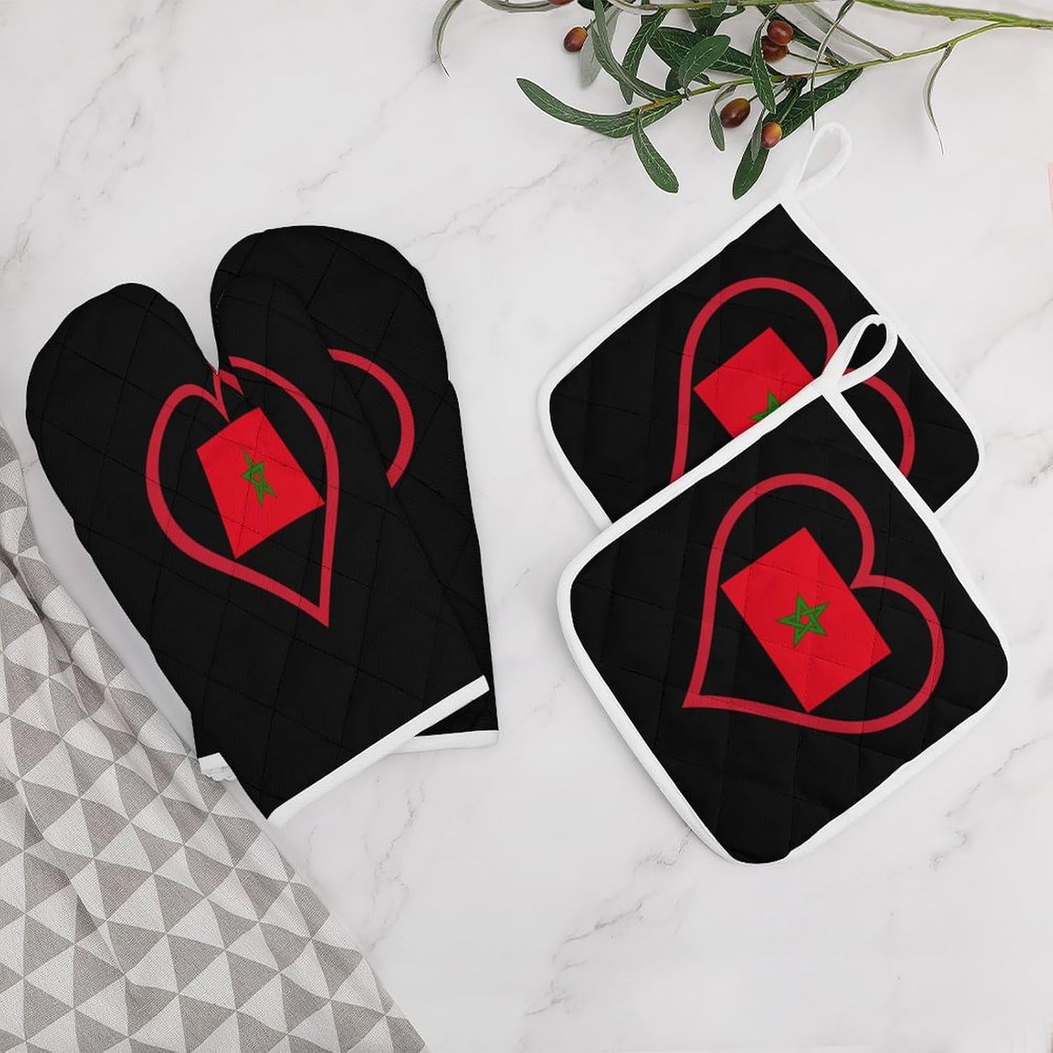 I Love Morocco Red Heart Oven Mitts and Pot Holders 4Pcs Set Heat Resistant Cooking Mitts Hot Pads