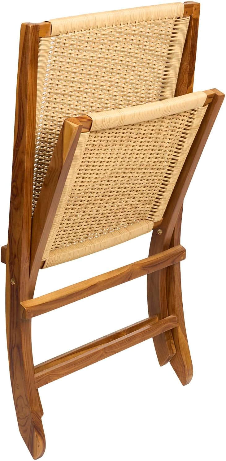 TeakCraft Teak Rattan Lounge Chair – Foldable, Handcrafted Solid Wood Accent Chair with Woven Seat – Mid-Century Modern Recliner for Indoor & Outdoor Use, The Ediz