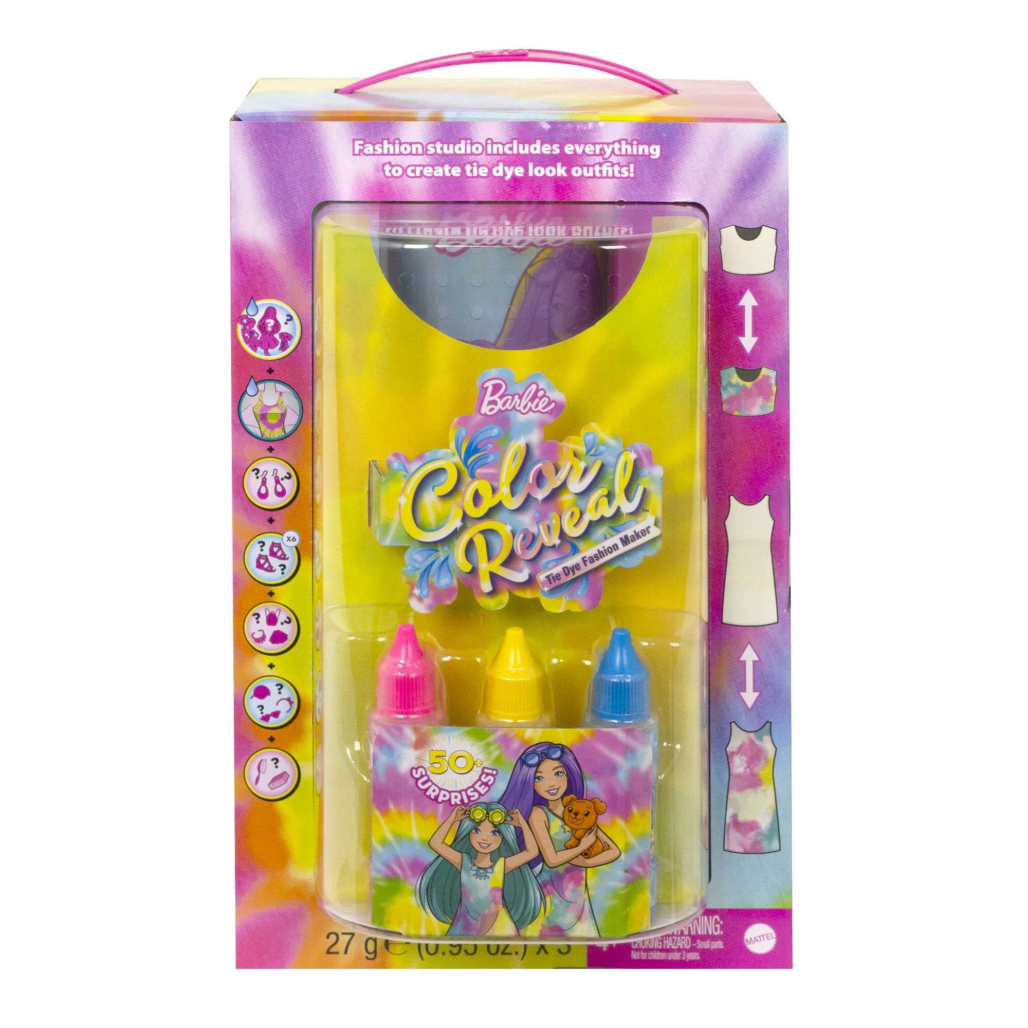 Barbie - Zestaw prezentowy Color Reveal Neon Tie-Dye - Zestaw do farbowania ubranek z lalką Barbie Color Reveal, lalką Chelsea i zwierzątkiem - Akcesoria i ubranka do farbowania, HCD29