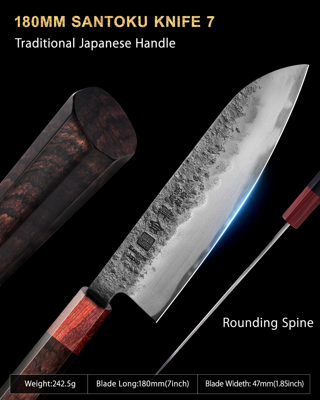 kanngou Japanisches messer 18 cm Santoku Kochmesser, Extra Scharfes Küchenmesser aus AUS-8 Stahl mit Ebenholz- und Rotholzgriff und Geschenkbox