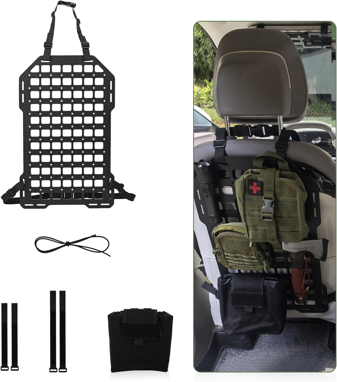 Tactical Car Seat Back Organizer, Rigid Molle Panel for Truck, ABS Engineering Material Molle Seat Back Organizer with 1 Utility Pouch