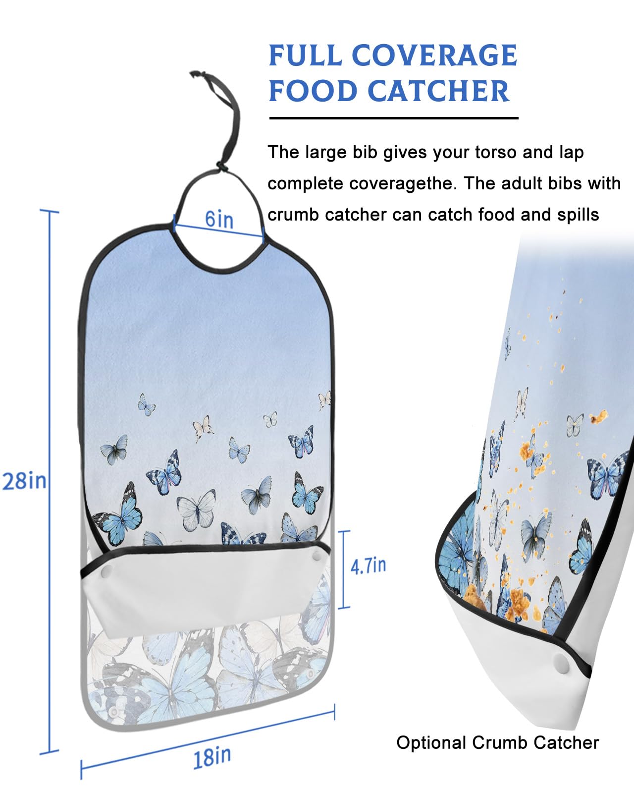Adult Bibs for Elderly Women - Blue Ombre Waterproof Dining Clothing Protectors with Crumb Catcher for Eating/Feeding, Watercolor Blue Butterfly Modern Abstract Art Terry Cloth Bib Machine Washable