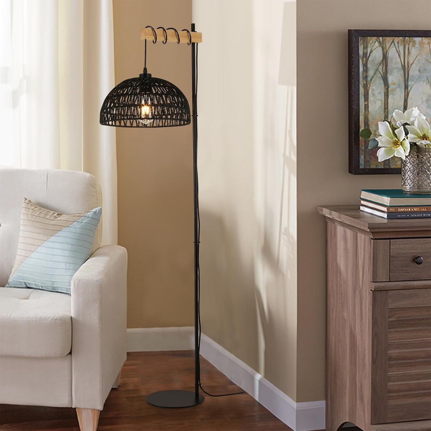 Alpinaluz Lampa Podłogowa E27 Czarny Pleciony Papier Czarna Podstawa 158 cm | Ręcznie wykonany klosz Ø32 cm, styl boho nordycki z wtyczką i przełącznikiem nożnym do salonu, sypialni i czytania