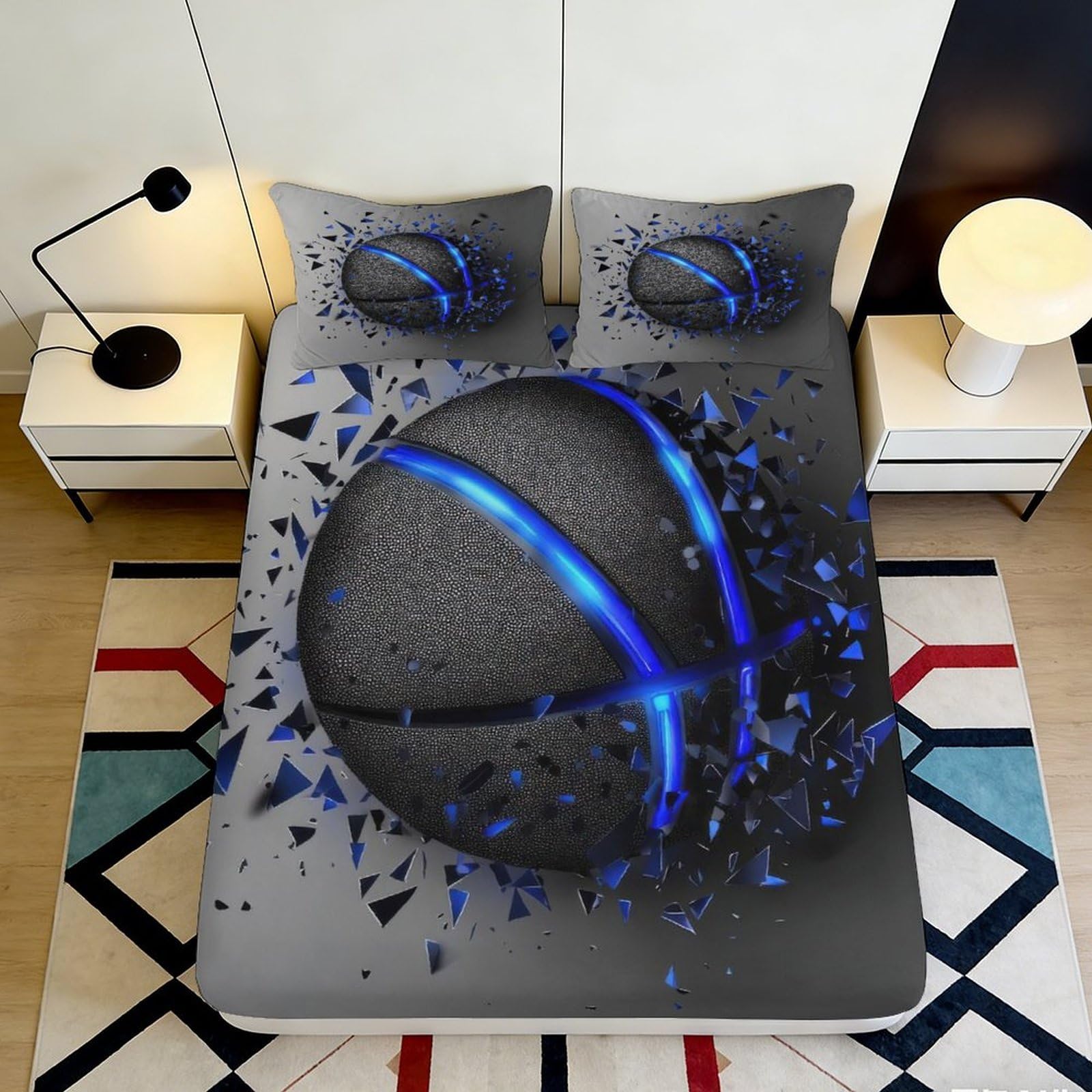 3D Printed Blue Neon Basketball Fitted Sheet Microfiber Soft Durable Black Basketball Mattress Cover for Bedroom Dormitory Guest Room Protection Decor 180x200x25cm