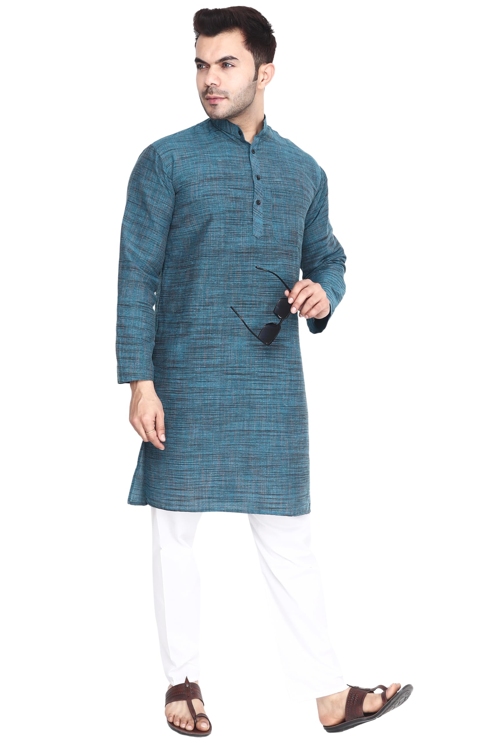 aaryavar Men's Khadie Cotton - Kurta Pyjama Set (Turkish Blue, M)-picture-20