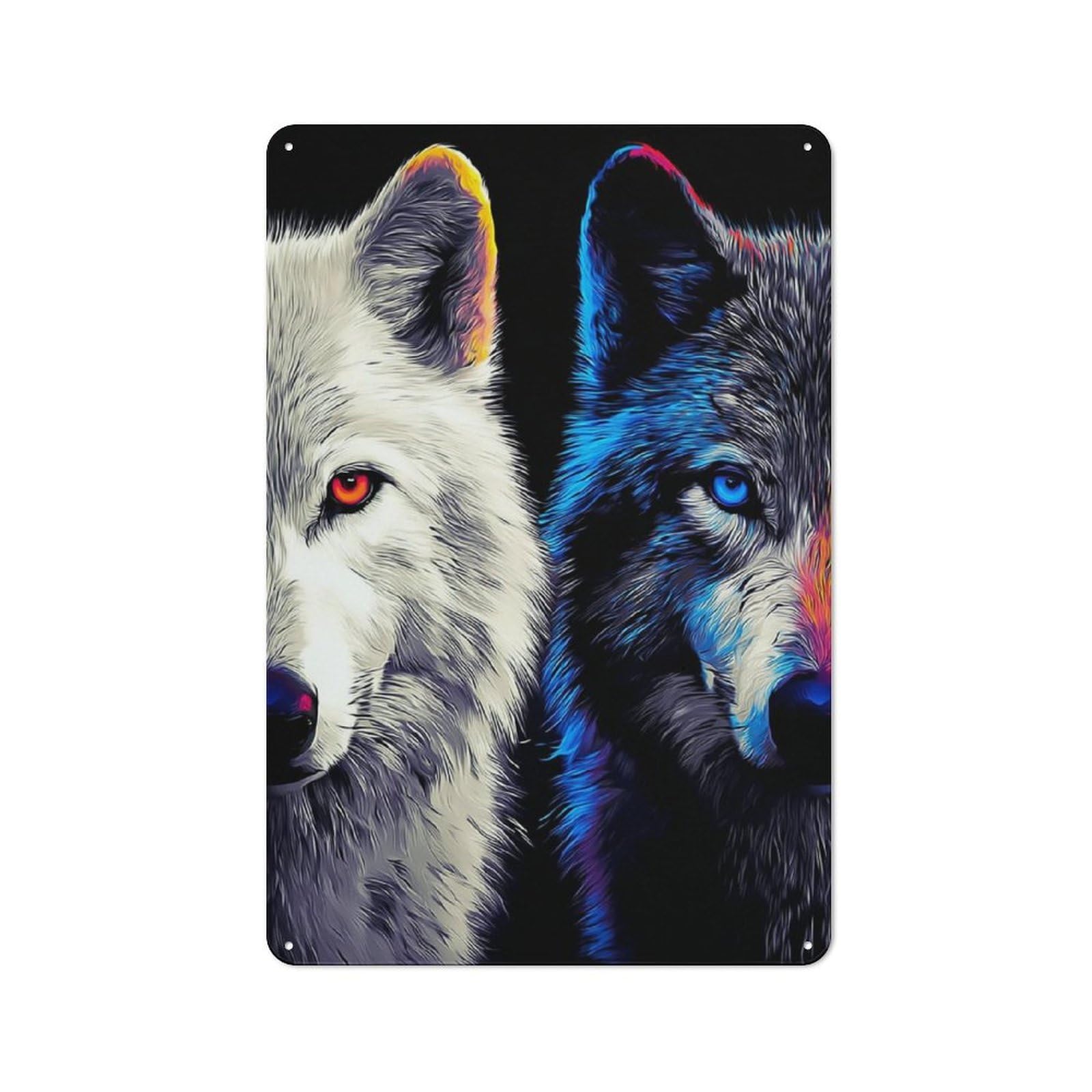 Junmoney Colorful Wolf Duo Portrait -1 Metal Wall Art Sign 30X20cm, Modern Retro Urban Room Decor For Modern Home, Workshop, Office Or Cafe
