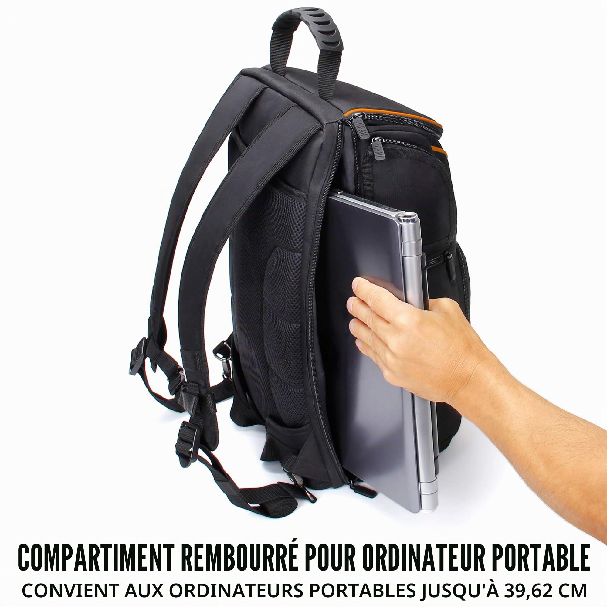 USA Gear Sac à Dos Appareil Photo Réflex Numérique avec Support Trépied, Compartiment Ordinateur Portable et Rangements Accessoires - Sac Photo Compatible avec Canon, Nikon, Pentax et Plus - Orange