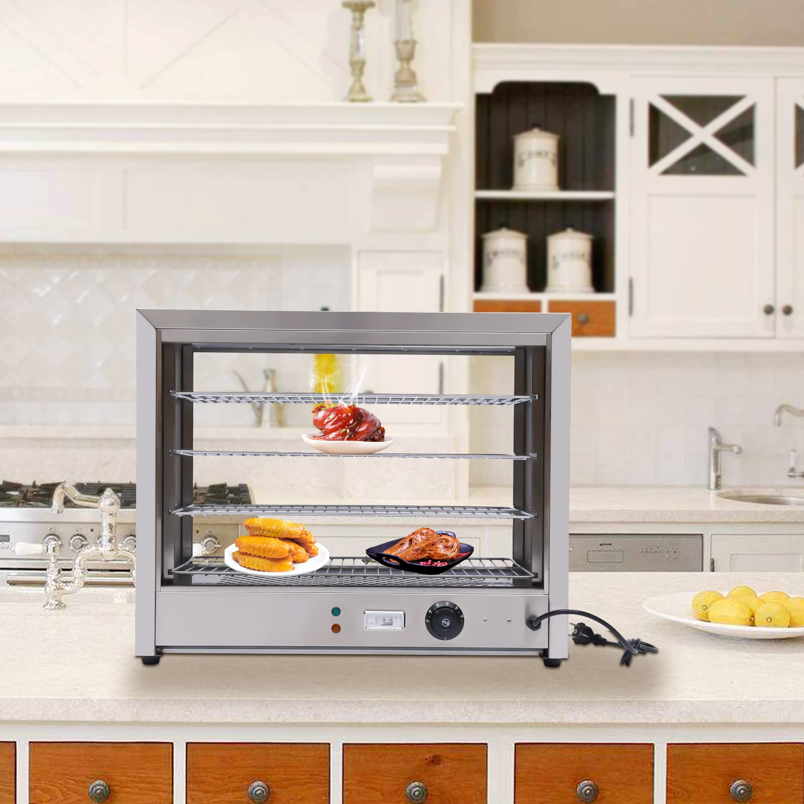 Speisenwärmer 800W – Gewerbliche Wärmevitrine mit 4 Etagen – Thekenvitrine beheizt für Gastronomie – Edelstahl Lebensmittelwärmer mit Einstellbarer Temperatur für Bäckerei, Imbiss, Restaurant