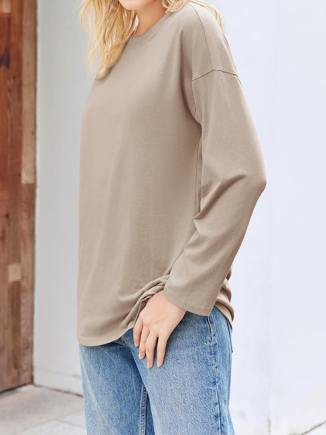 Fisoew Women's Long Sleeve Oversized T Shirts Loose Casual Crewneck Tunic Tops Soft Blouse - Image 3