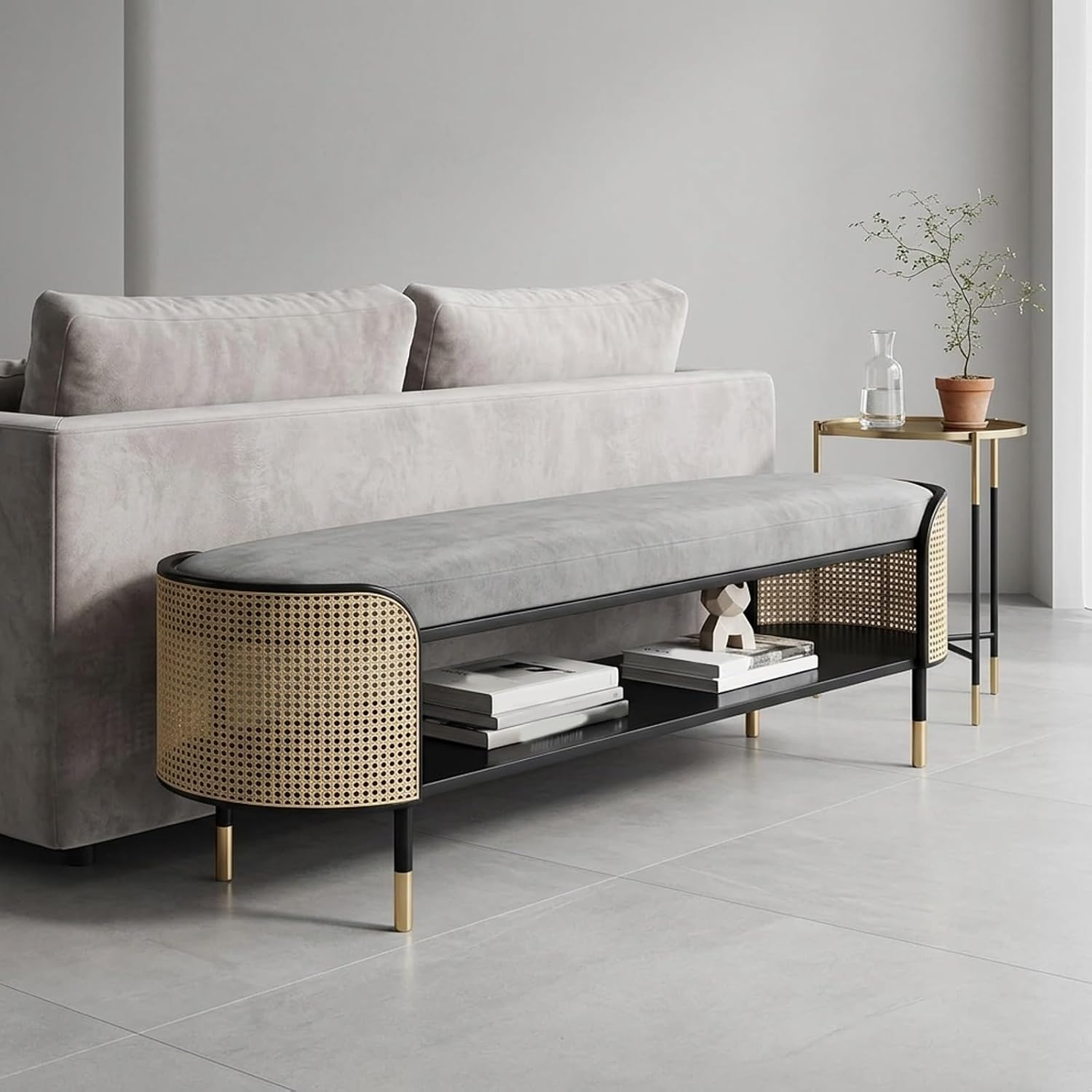Modern Rattan Shoe Bench, Upholstered Entryway Bench with Storage Rack