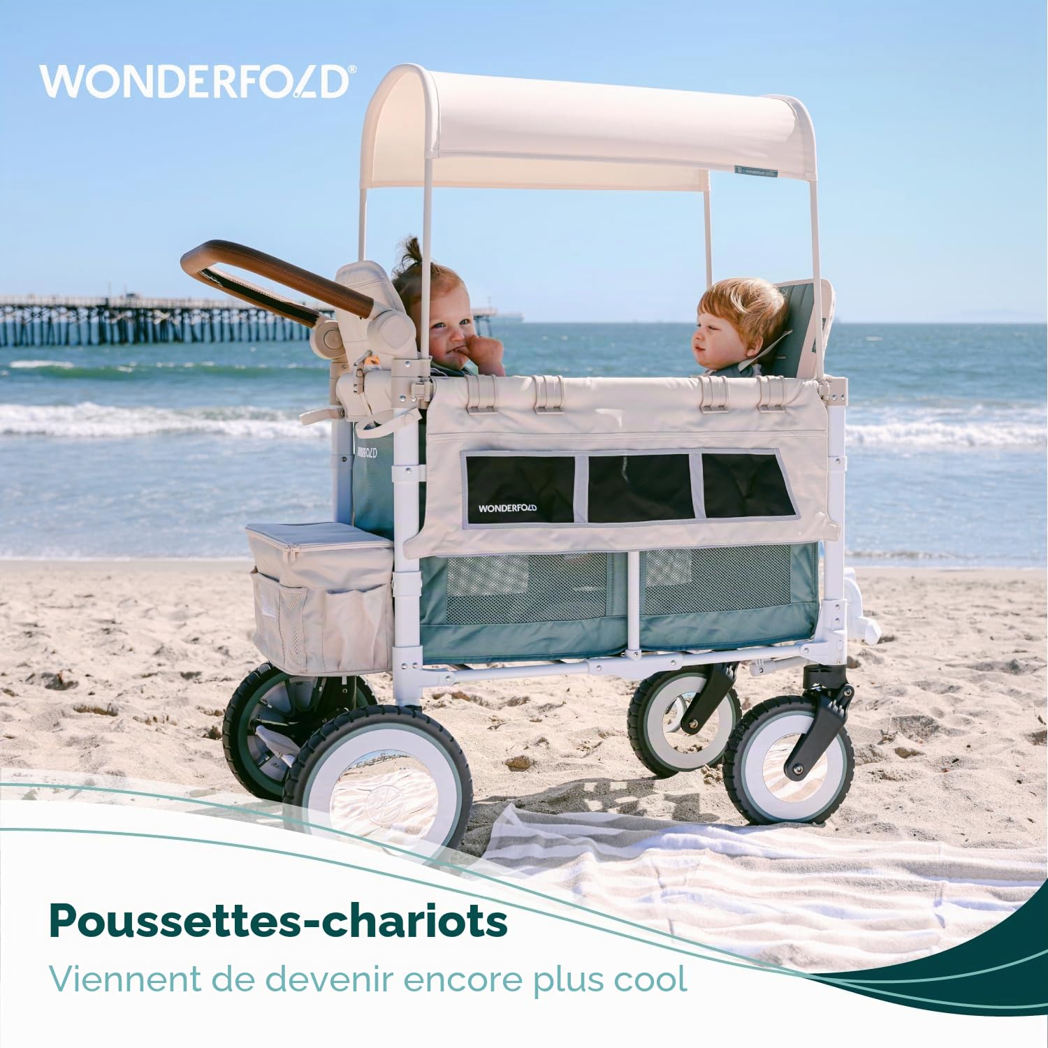 WonderFold VW 2 Volkswagen - Chariot pliable pour enfant (2 places) - Chariot de qualité supérieure pour enfants avec pare-chocs VW, phares fonctionnels et roues XL tout-terrain - Vert sauge