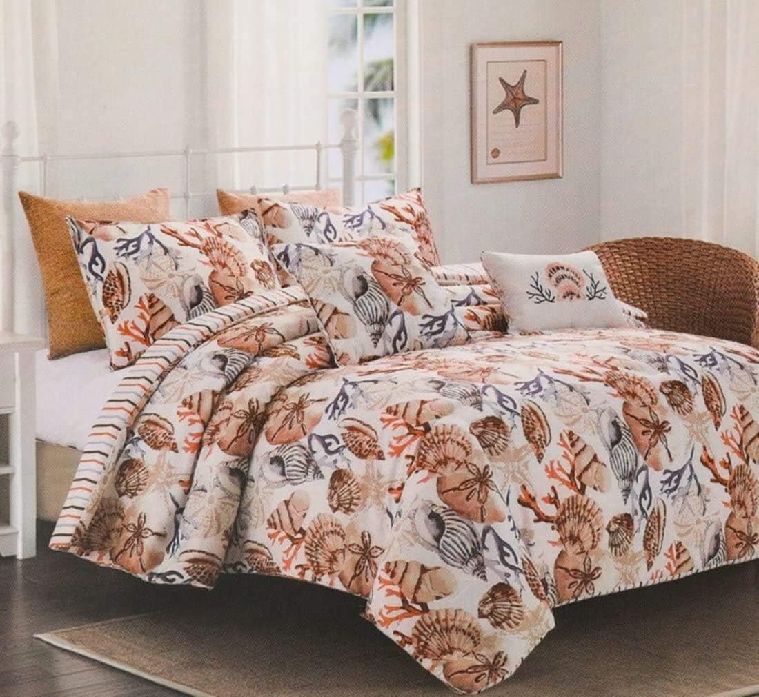 5pc Full/Queen Coastal Seashells Beach Theme Comforter Set (Comforter, 2 Pillow Shams + 2 Decorative Pillows)