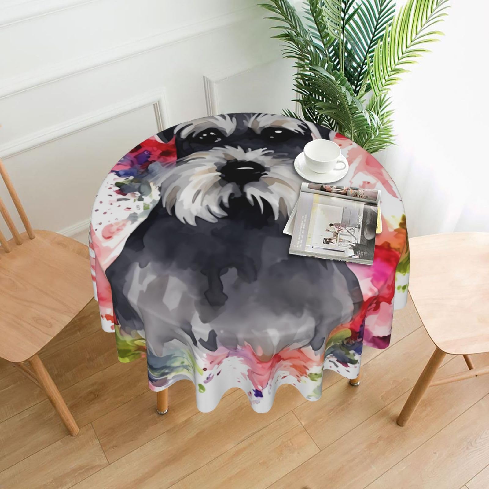 FodPand Schnauzer Tablecloths for Round Tables 60 Inch - Reusable Washable Dining Table Clothes - Stain and Wrinkle Resistant Decorative Fabric Table Cover for Wedding Party