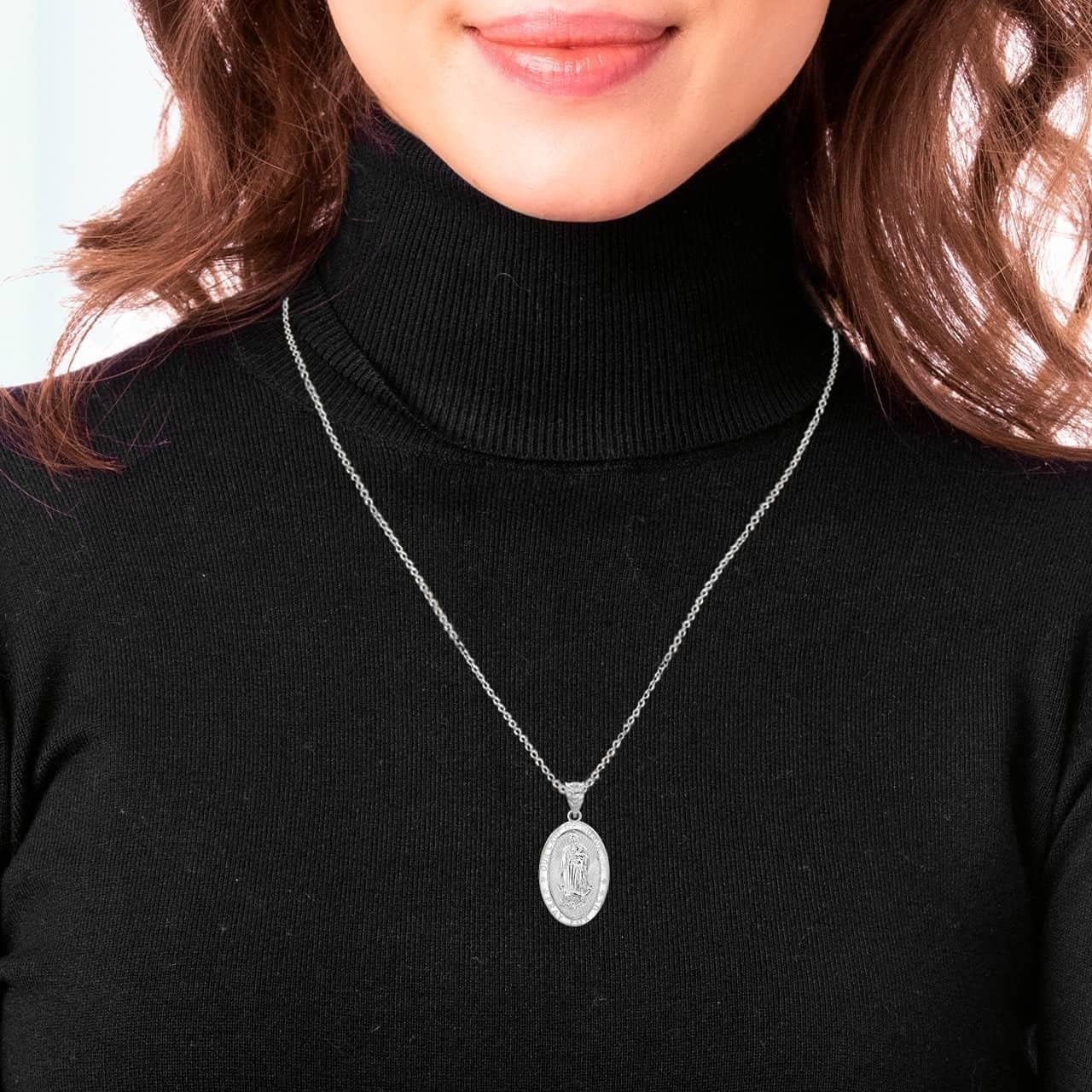 Claddagh Gold Our Lady Of Guadalupe Pray For Us Words Oval Medal in Solid Sterling Silver Choice of Pendant Only or Necklace Chain Length - Image 2