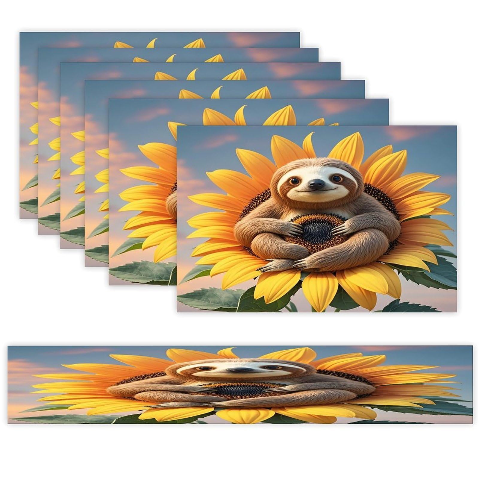 Sloth Sitting on Sunflower Table Runner and Placemats Set of 6 Wipe Clean Heat Resistant Table Mat with Table Runner Decorations Flax Linen Place Mat Set for Home Kitchen Party Supplies