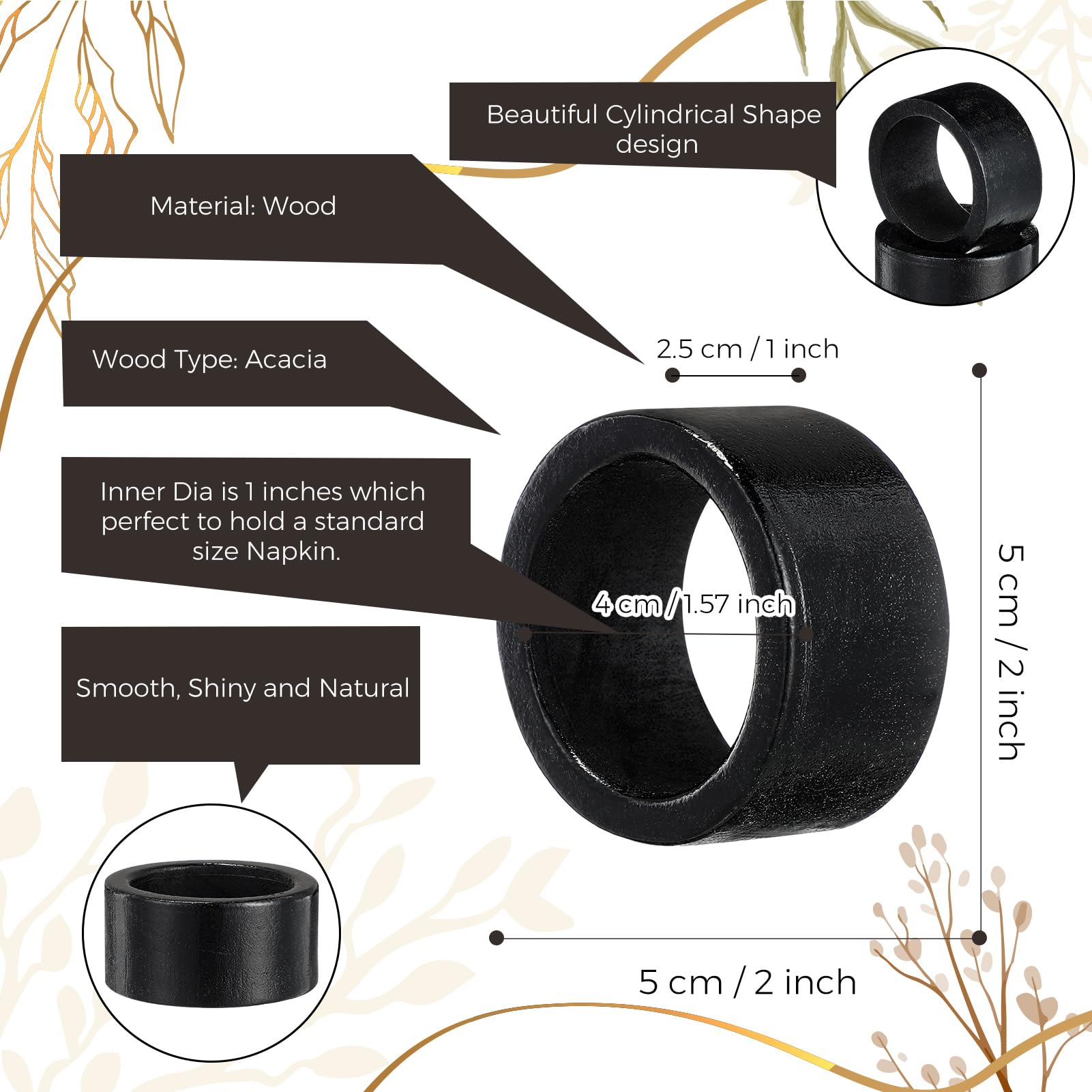 Zhehao Serviettenringe aus Akazienholz, handgefertigt, für Esstisch, Serviettenhalter, Schnallen für Hochzeit, Abendessen, Ernte, Herbst, Weihnachten, Tischdekoration, 50 Stück (schwarz)