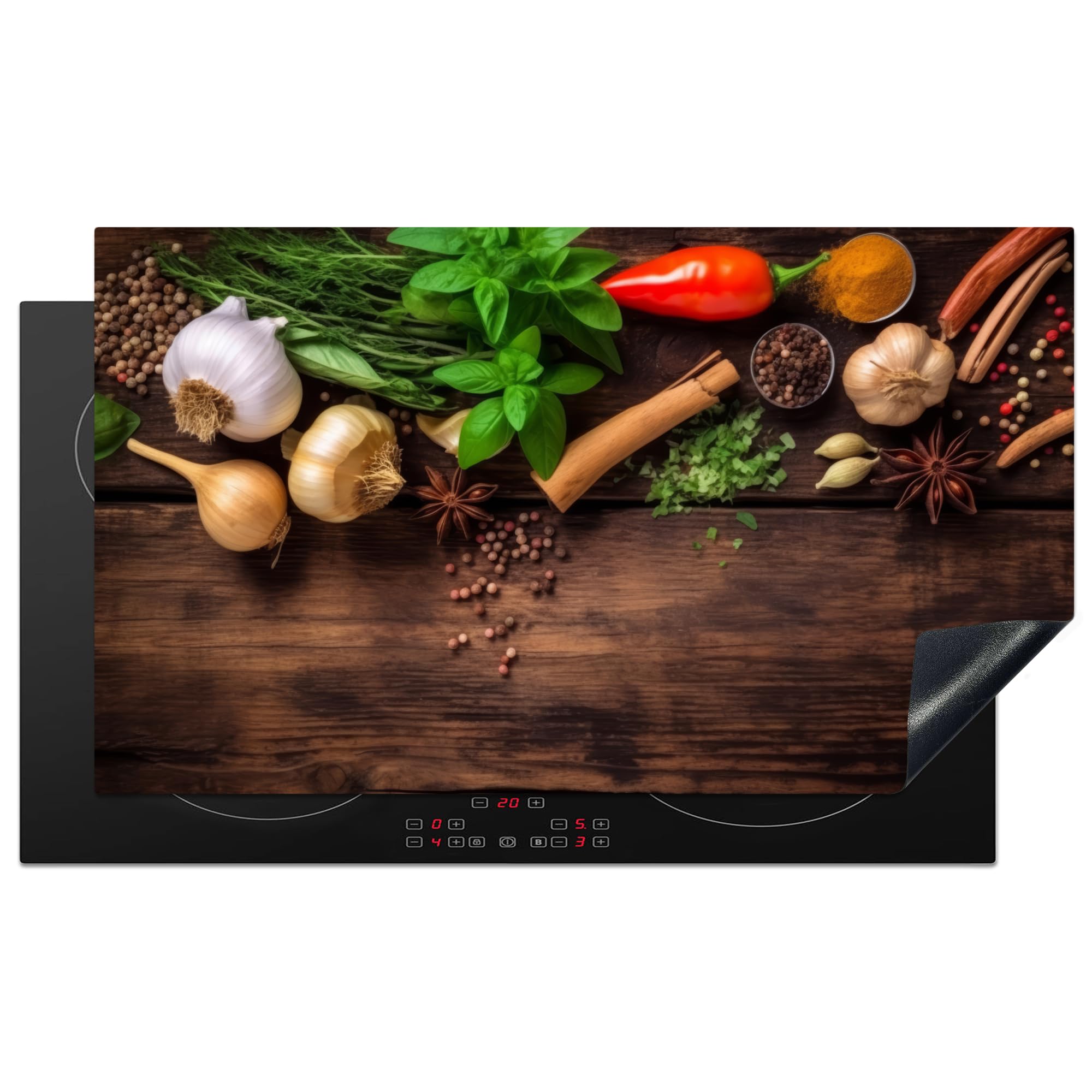 KitchenYeah© Induction Hob Protector Mat 20.5"x35.9" / 91.2x52 cm Stove Cap Top Cover Kitchen Cooker Covers for Electric Hobs Vinyl Garlic - Herbs - Vegetables - Spices - Wood - Still Life