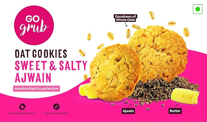 Go Grub - Ajwain Oat Cookies | Sweet and Salty Taste | Healthy Snack Item For Tea or Coffee | Crunchy and Delicious Oats Biscuits | Source of Protein & Fiber | No Preservatives | Eggless | 200g