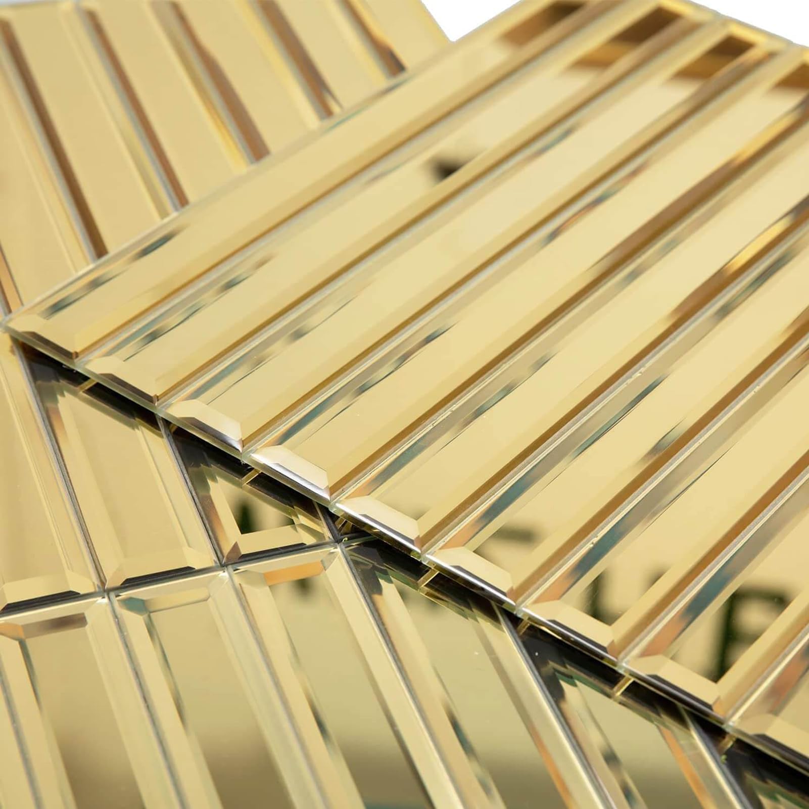 Diflart Mirror Backsplash Tiles for Kitchen, Gold Strip, 12x12 Inch, Beveled Mirror TIile for Bathroom Wall (5 Sheets,5 Sq.ft)