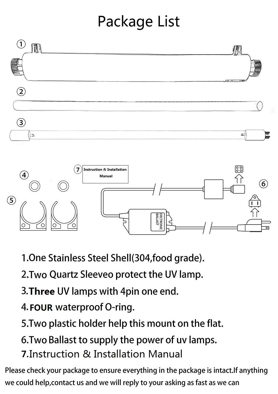 Purificateur UV 55w 12GPM, avec 2 lampes supplementaires, 1 manchon de quartz supplementaire, 1 ballast supplementaire, filtre a eau UV pour la purification de toute la maison