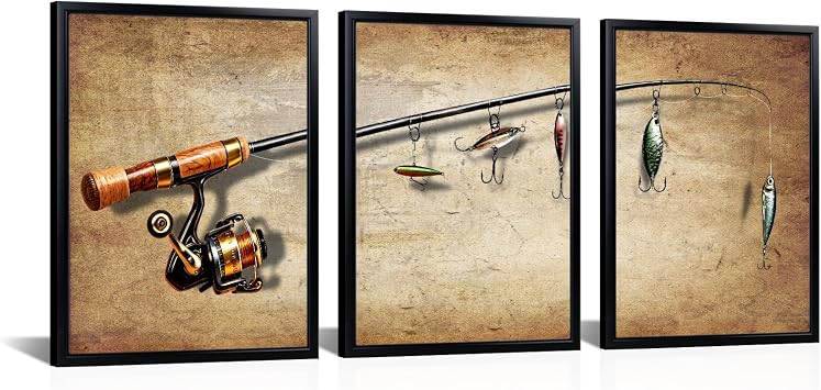 Kalormore 3-Piece Fishing Wall Art Set, Framed Rustic Vintage Fishing Gear Prints, Ready to Hang for Man Cave, Lake House, Cabin Office Decor 12"x16"x3pcs
