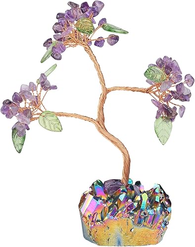 Miniatura 7 de rockcloud Árbol de dinero de cristal con base de racimo recubierta de titanio, árbol bonsái de piedra cruda para curación de reiki, oficina, hogar,