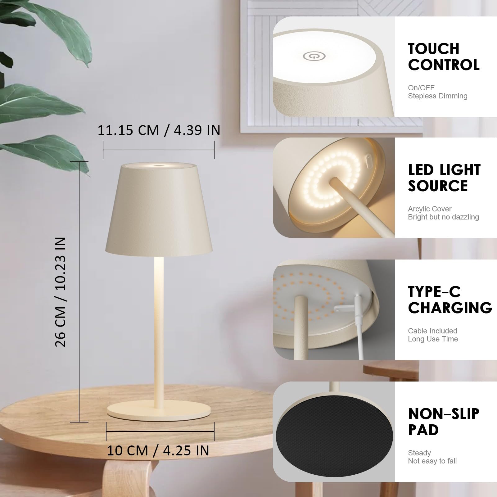 Dimmbare led akku tischleuchte Beige 26CM, 5000mAh(5V 2A) camping lampe akku aufladbar,3W 3000K tischleuchte kabellos,IP54 Outdoor Tischlampe für Restaurant, Schlafzimmer, Garten, Büro(2 Stück)