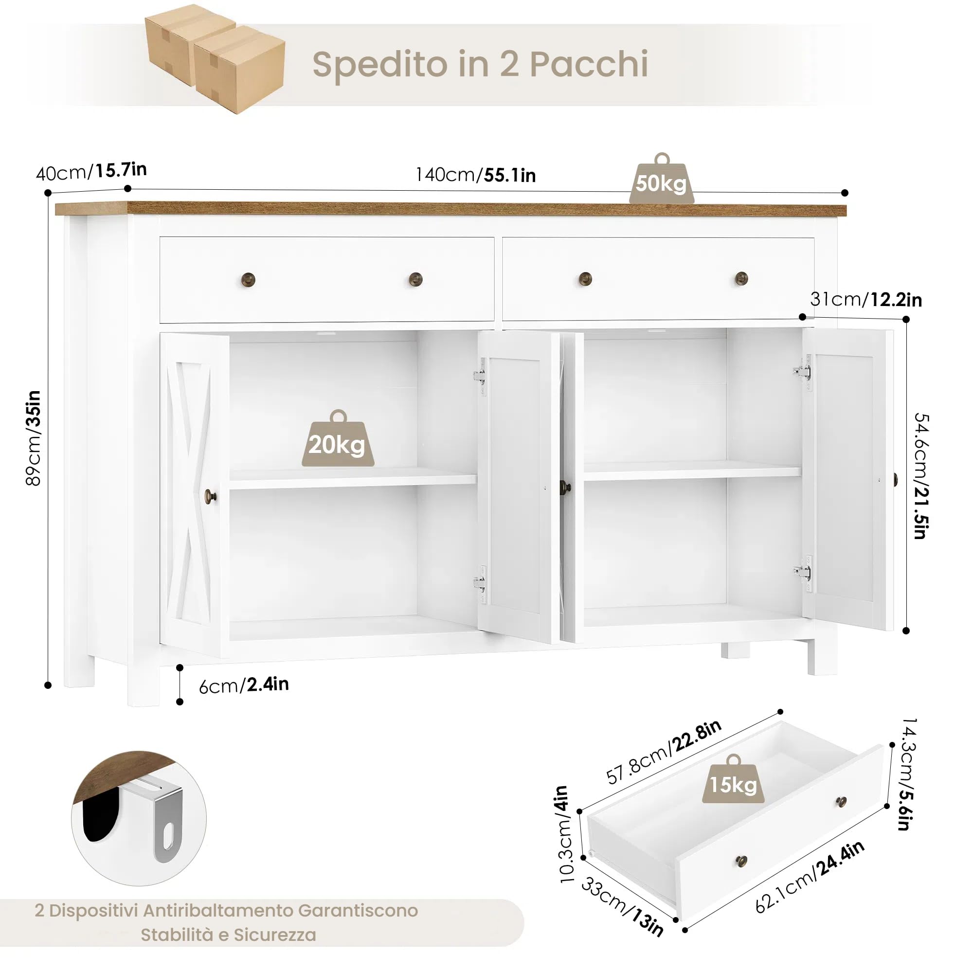 FirFurd Larga 140cm Mobile Cucina, Credenza Cucina con 2 Cassetti e 4 Ante, Moderno Buffet Mobile con Ripiani Regolabili e Rimovibile, Per Cucina, Sala da Pranzo, Soggiorno, 140x40x89cm, Bianco
