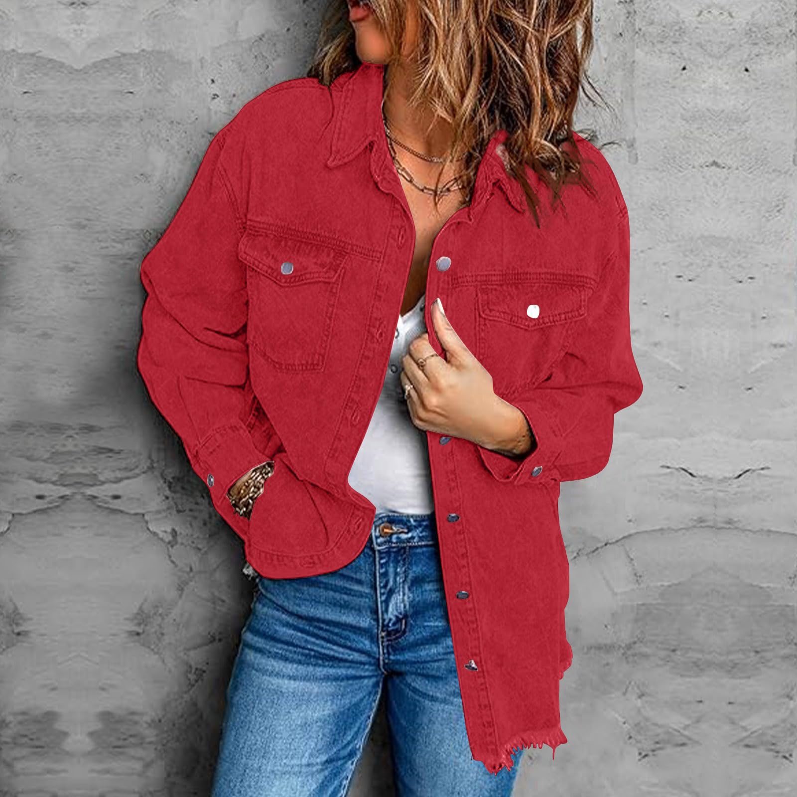 Damen Übergangsjacke Jeansjacke Oversize Damenjacke Shacket Langarm Jacke Leicht Sommerjacke Vintage Denimjacke Button Down Denim Jean Weste mit Taschen Damenjacken Western Jeansmantel Herbstjacke