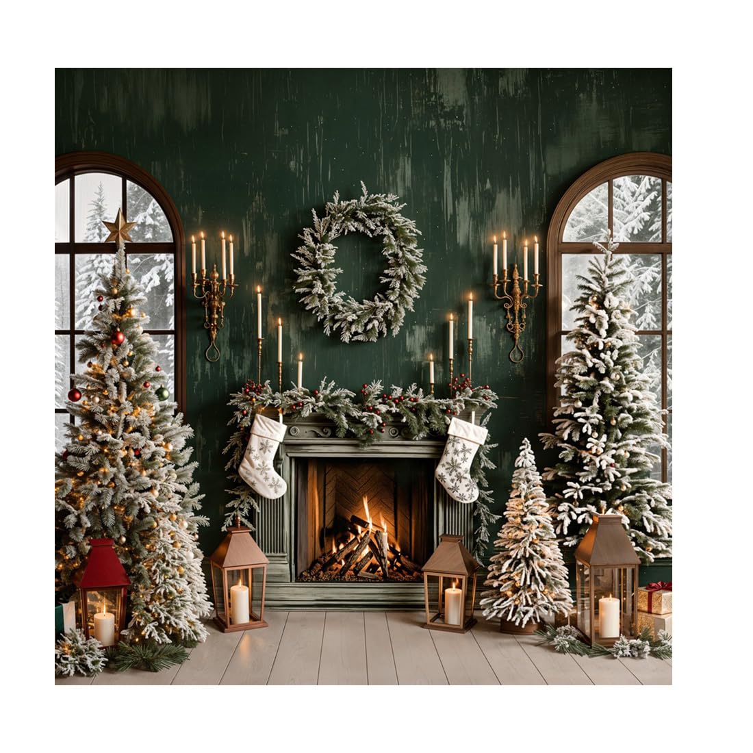 Kate 8x8ft Interior Green Wood House Fireplace Photography Backdrops Glitter Little Christmas Tree Decor Family Happy Holiday Party Backgrounds Photo
