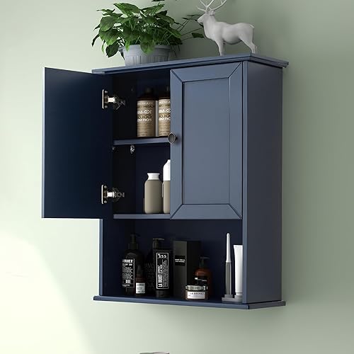 Armario de baño azul montado en la pared, botiquines de madera sobre inodoro, gabinete de almacenamiento de 24 x 30 pulgadas, gabinete de pared