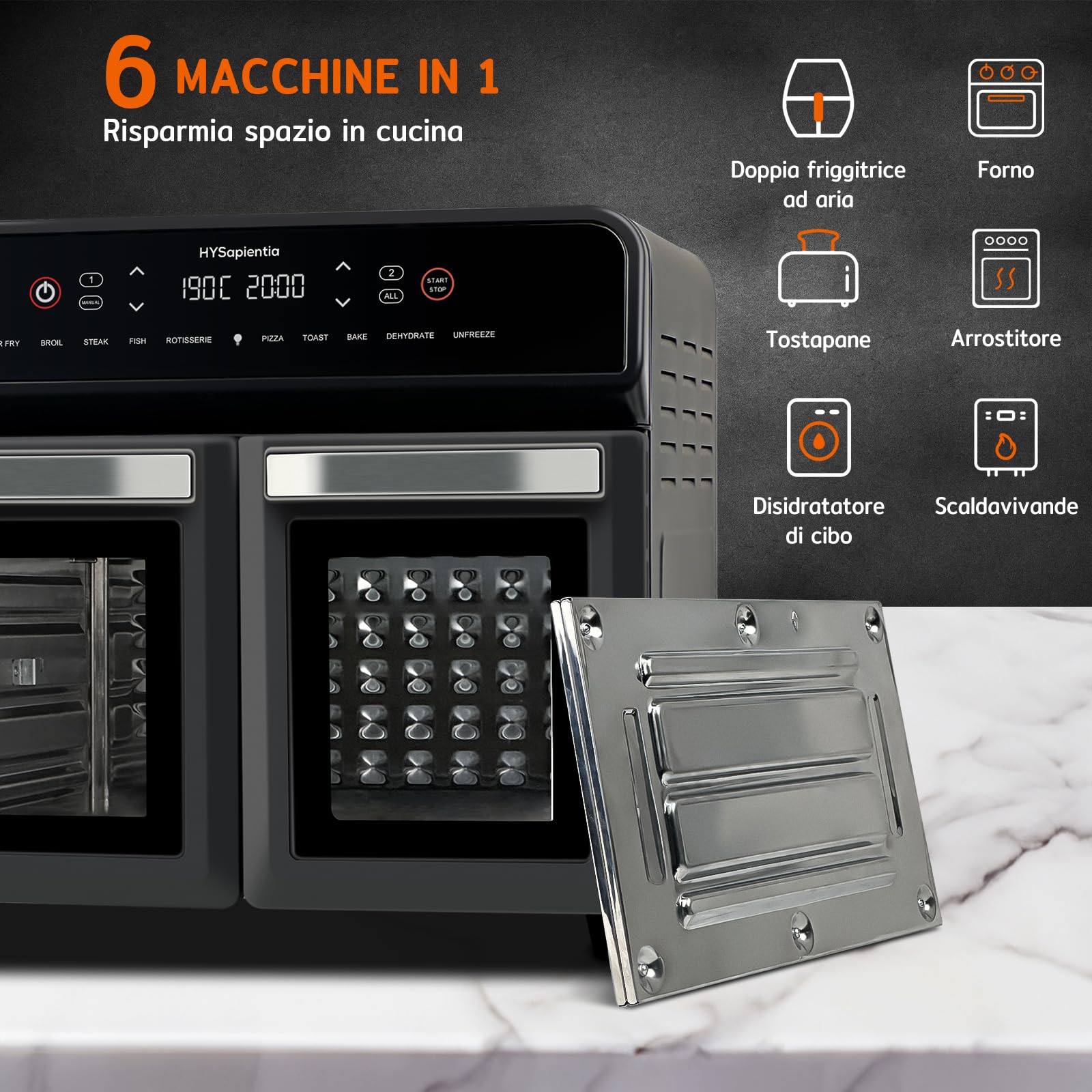 HYSapientia® 22 Litri Forno Friggitrice Ad Aria doppio cestello Calda，2400W friggitrice aria 2 cestelliin in acciaio inossidabile,10 Funzioni,Doppia Temperatura,Suddividere in due campate，Girarrosto