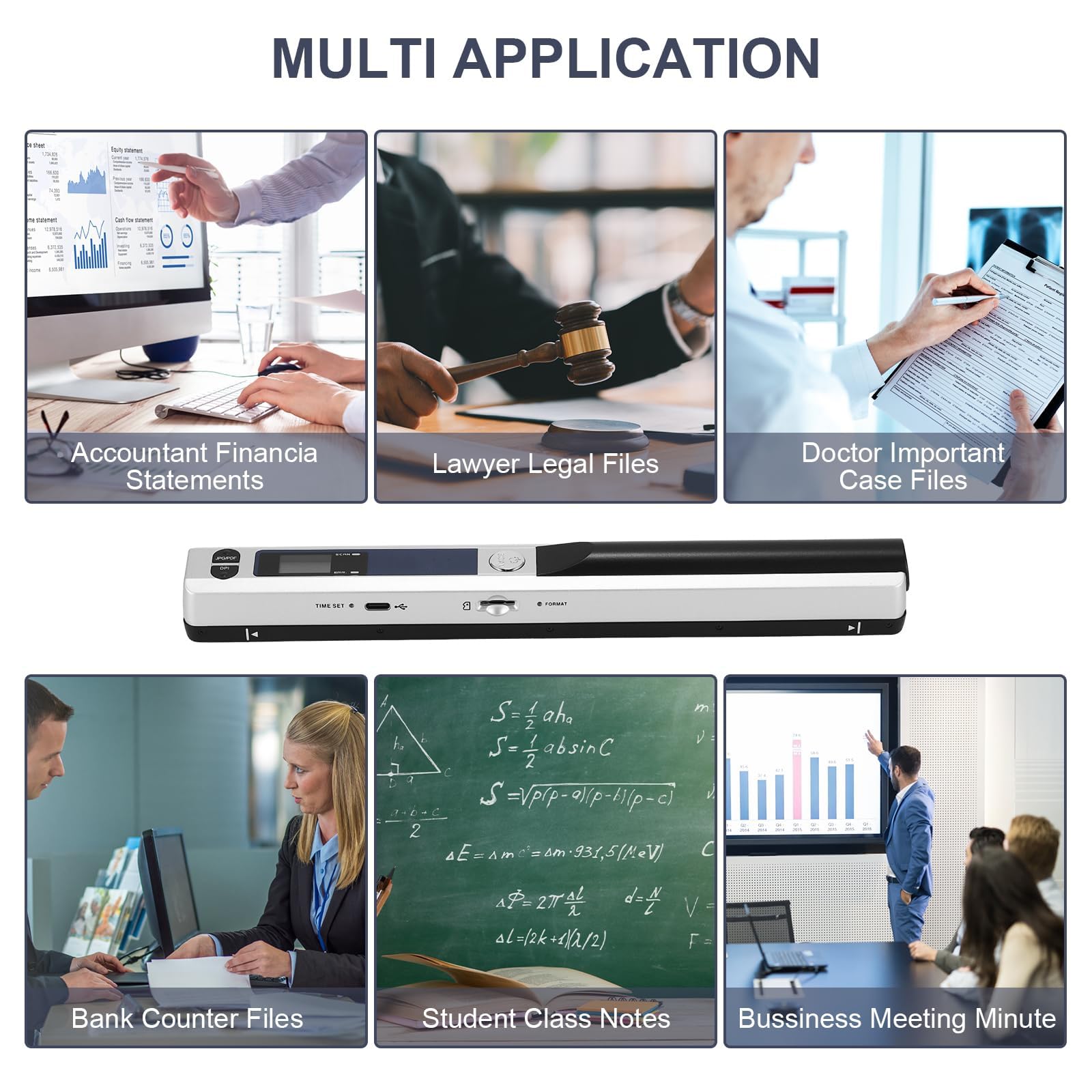 Scanner de Documents Portable, Mini Scanner de Photos Portable 900 DPI, Baguette de numérisation Couleur A4 Haute Vitesse, Scanner Portable Rechargeable par USB, Comprend Une Carte SD 16 Go (Argent)