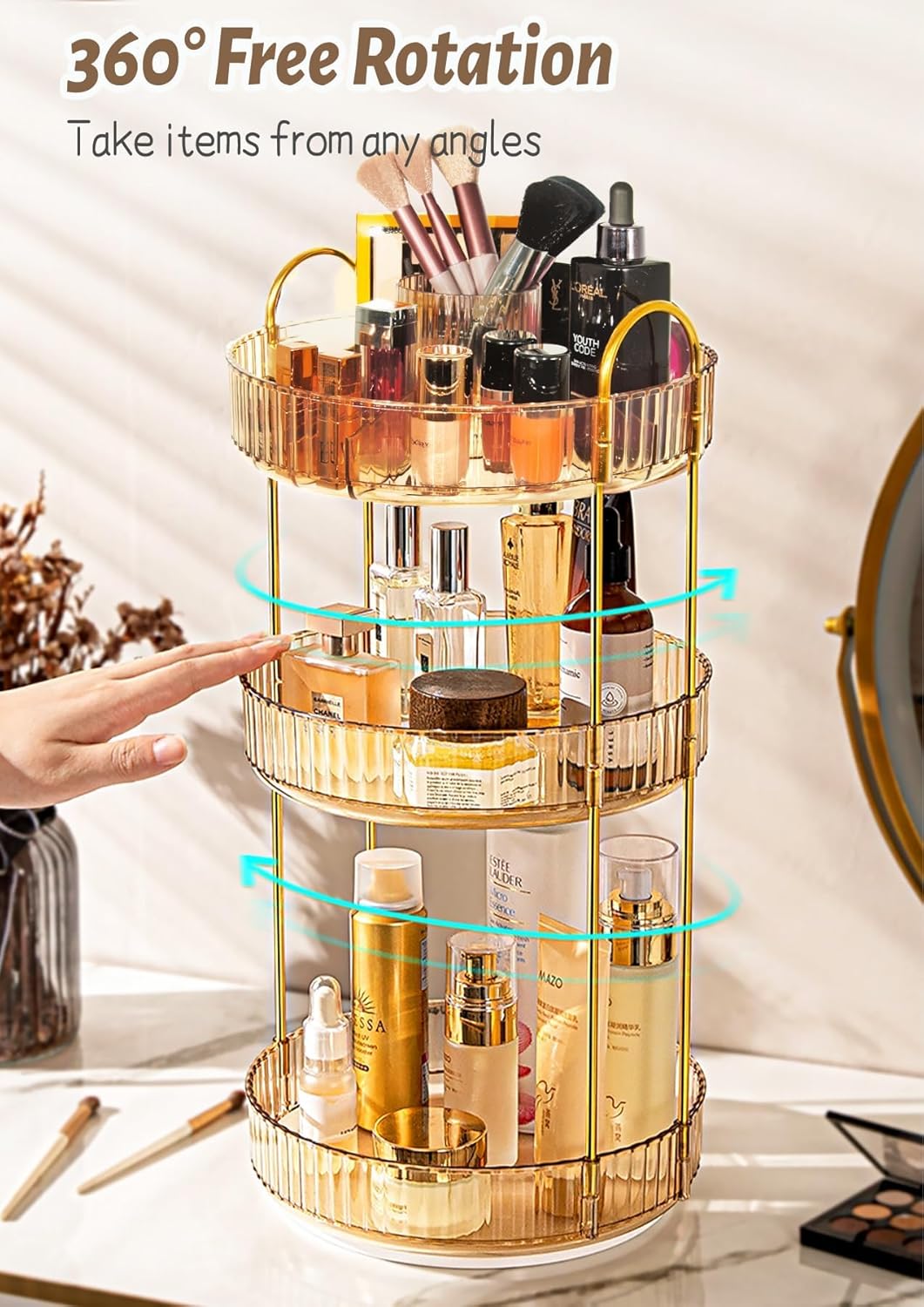 VNIMTI Skincare Organizers 360 Rotating, 3 Tier Makeup Organizer Countertop, Spinning Cosmetics Organizer Display Cases, Beauty Storage for Vanity, Countertop, Bathroon (Gold - Separate Grids)