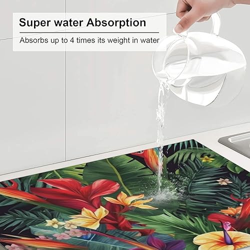 Miniatura 7 de Planta tropical, flores, impresión, estera de secado de platos de microfibra, almohadilla de secado absorbente para encimera de cocina, tapete de