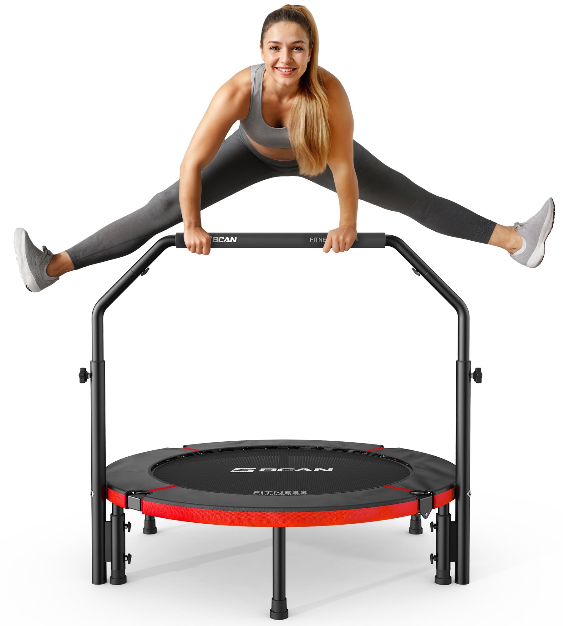 BCAN Trampolina do wnętrz, 102 cm Trampolina do skakania Fitness, składana, nośność 150 kg, wzmocniona sprężyna, regulowany uchwyt z wyściółką piankową, odpowiednia dla dorosłych i dzieci