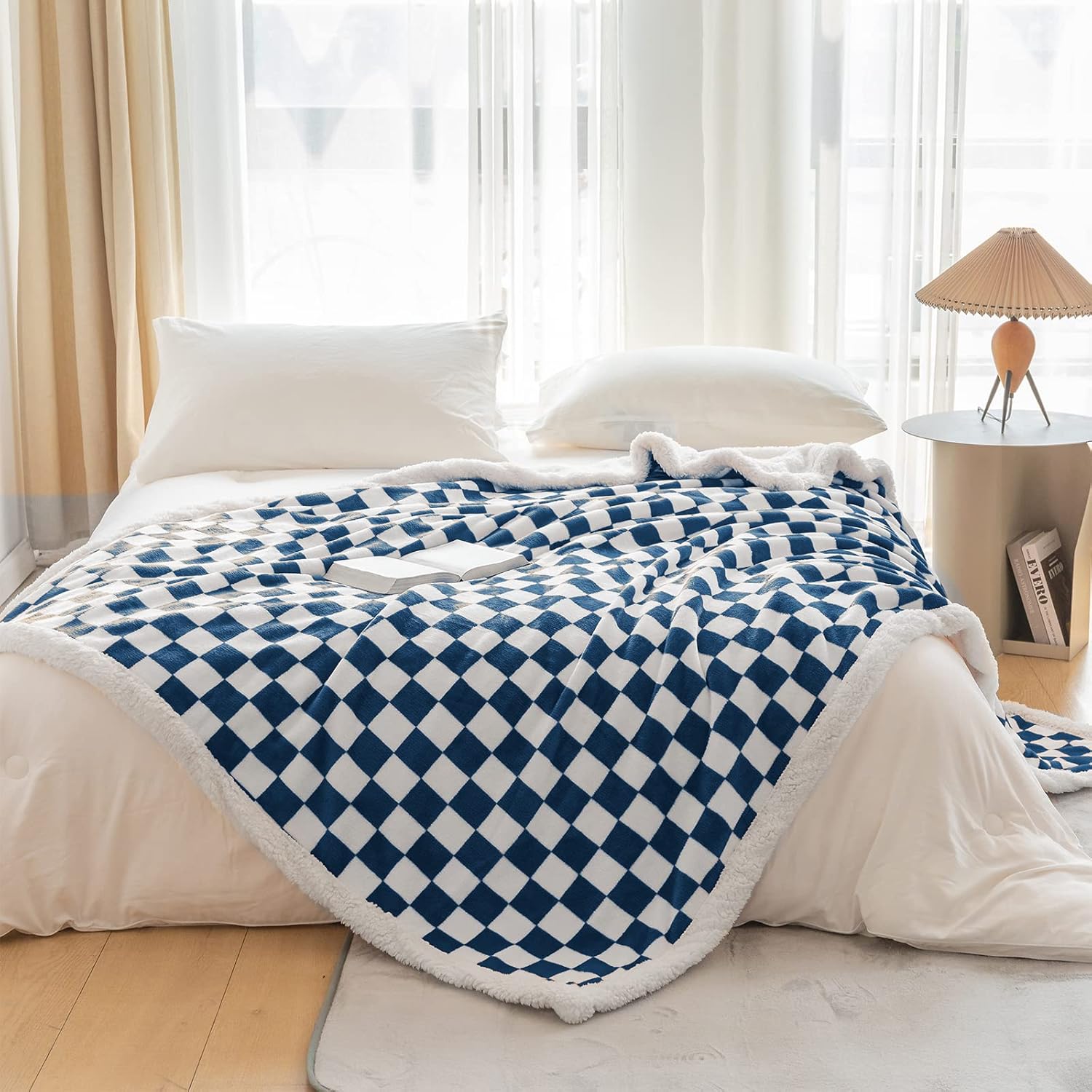 lomao sherpa throw blanket fleece blanket with checkered pattern soft thick blanket for couch, bed, sofa luxurious warm and cozy for all seasons (navy, 60"x80") navy 60"x80"