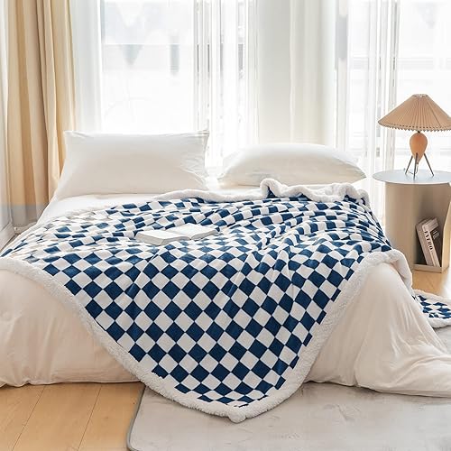 Miniatura 5 de LOMAO Manta Sherpa de vellón con patrón a cuadros, suave, gruesa manta para sofá y cama, lujosa, cálida y acogedora para todas las estaciones (azul