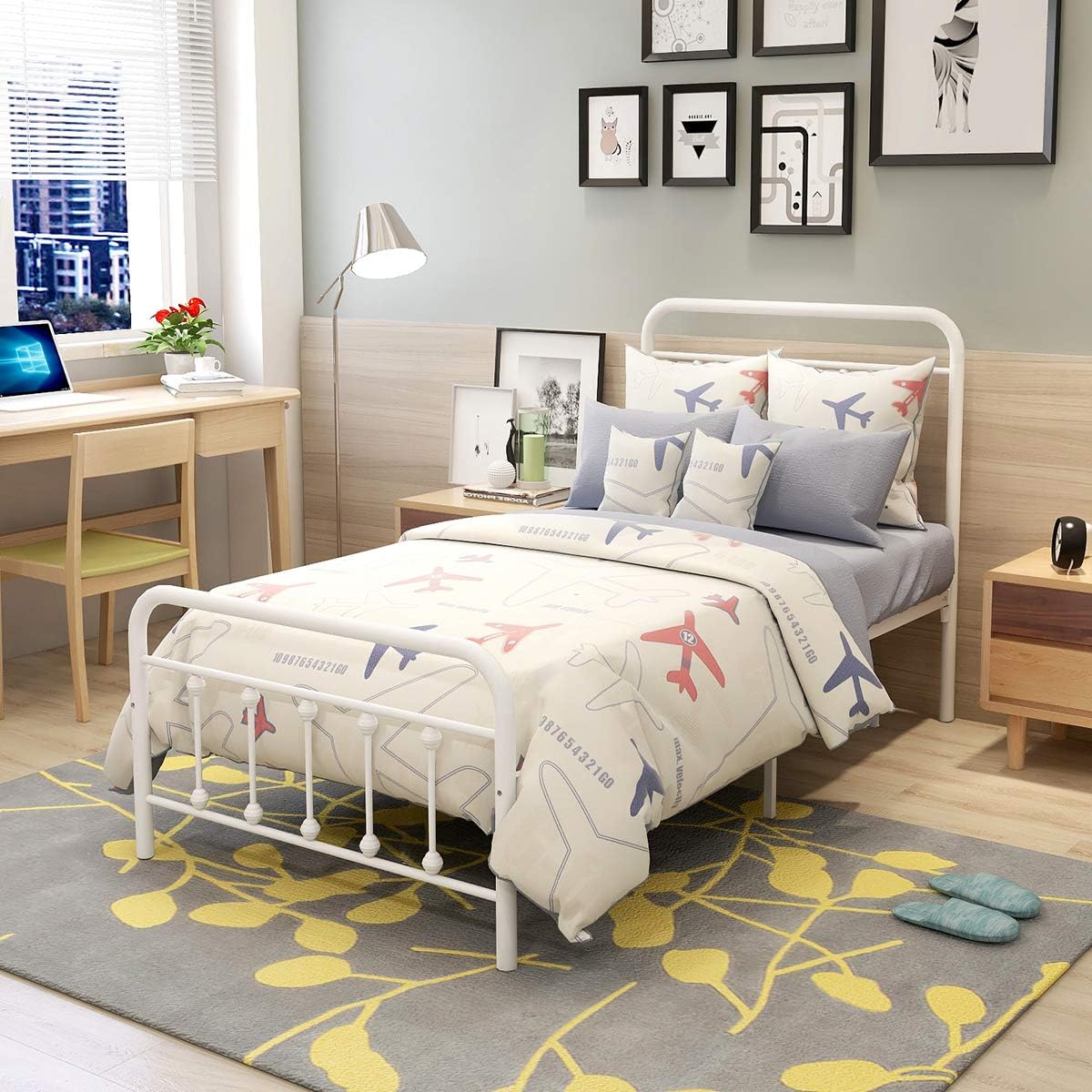 Assembled DUMEE Twin Bed Frame in a bedroom setting.