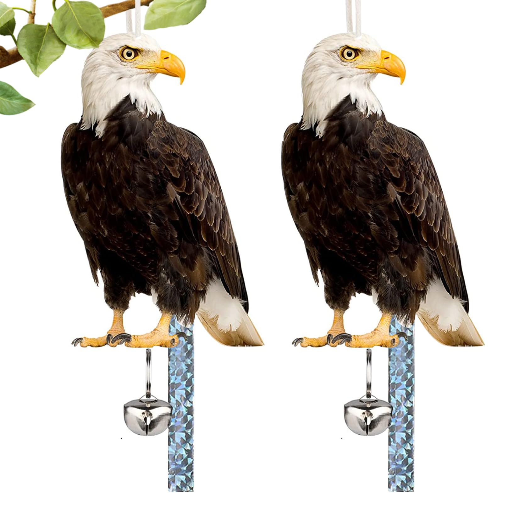 2PCS Bird Scarers for Gardens Realistic Waterproof Owl Decoy Bird Scarer with Bird Deterrent Tape and Bell for Garage Home Roof Pond Easy to Hang Eagle