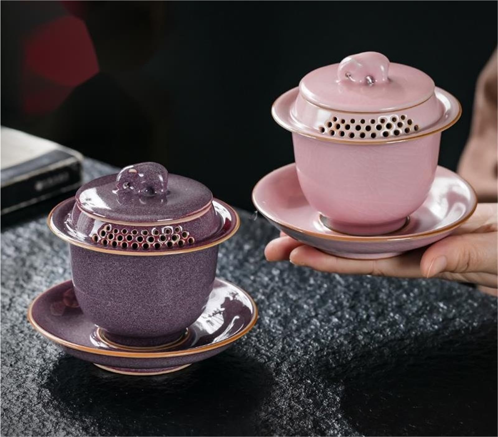 Filiżanka do herbaty, chińskie filiżanki do herbaty, 150 ml, ręcznie robiony filtr z porcelany Gaiwan, dzbanek do herbaty, waza do parzenia herbaty, miska do ceremonii parzenia herbaty (fioletowy)