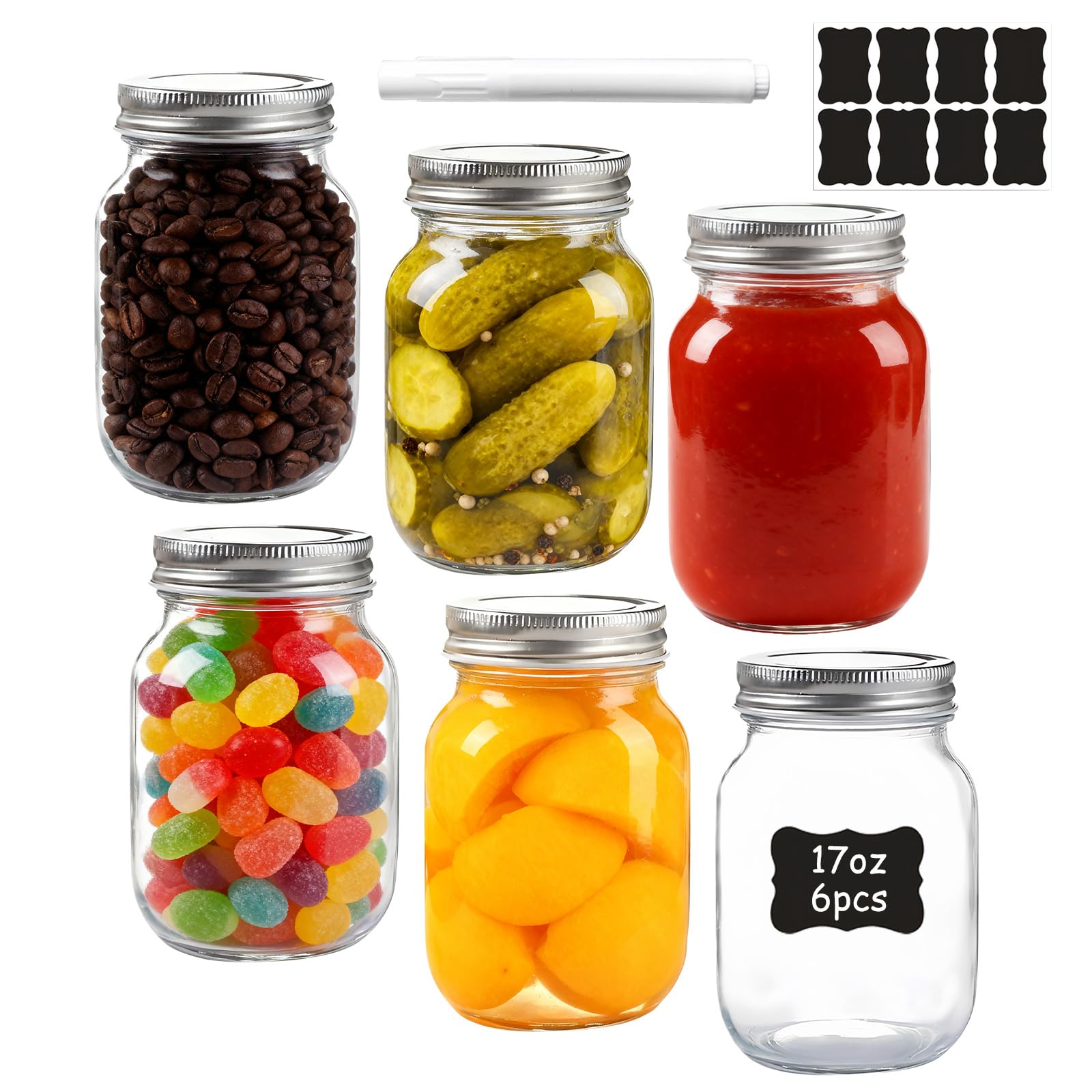 Wyndshades Transparent 6 Pack 500Ml Glass Swing Top Bottles – Airtight Clip Top Jars For Overnight Oats, Yogurt, Salads, Sauces & Homemade Drinks – Includes Label Pen & 8 Stickers – Reusable Clear Glass Bottles